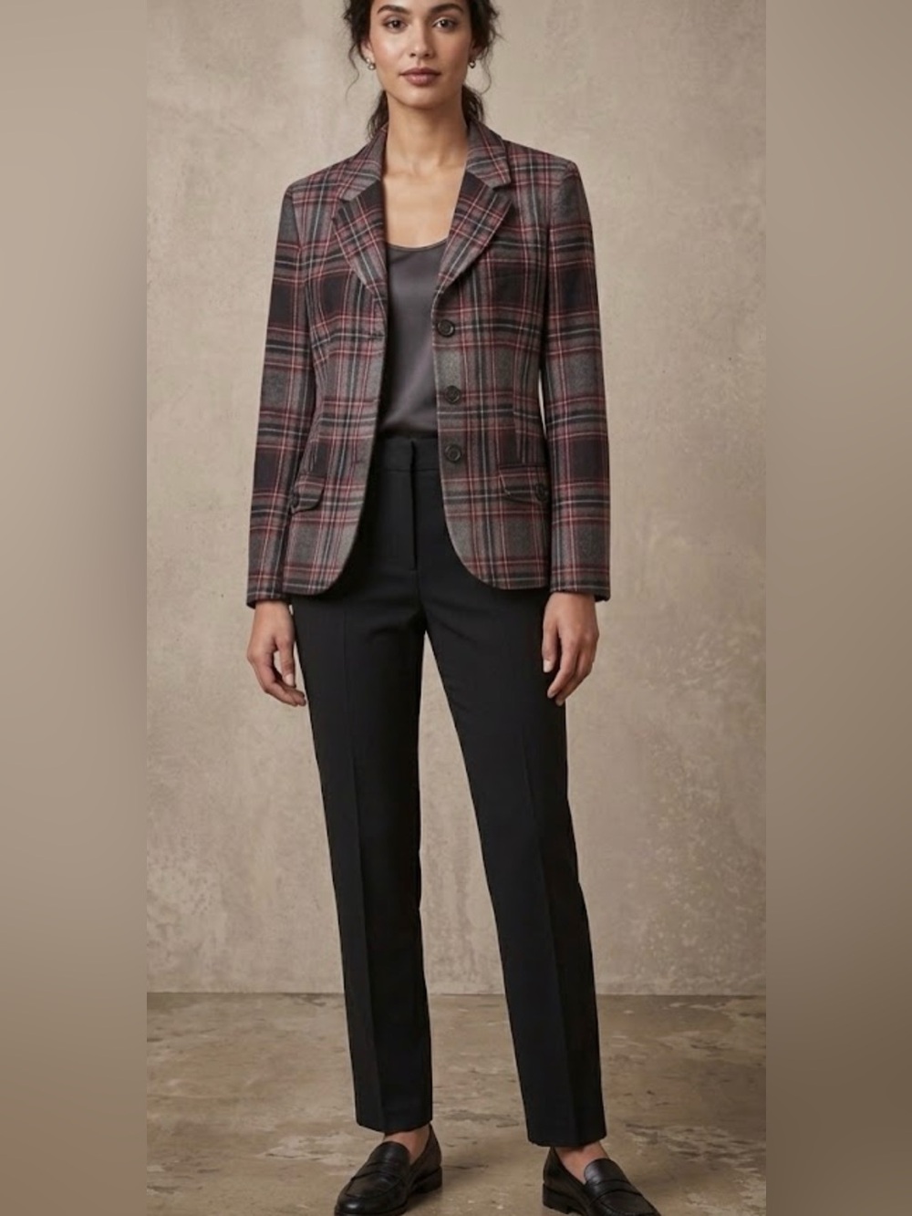 Talbots Gray and Red Plaid Wool-Blend Blazer